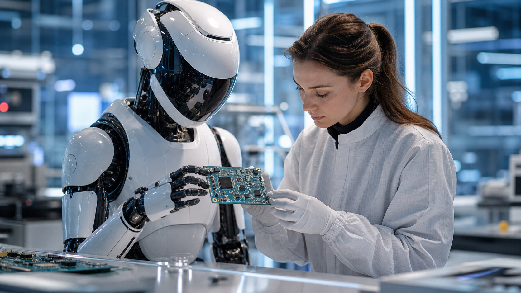 在科技感工廠中學習電路板組裝的人形機器人與女性工程師