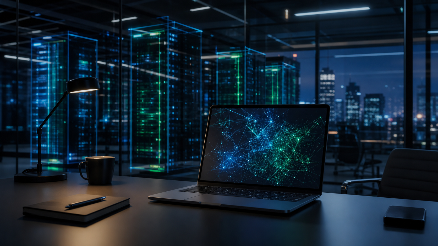 象徵企業導入 AI 員工與安全雲端工作環境的伺服器與資料節點