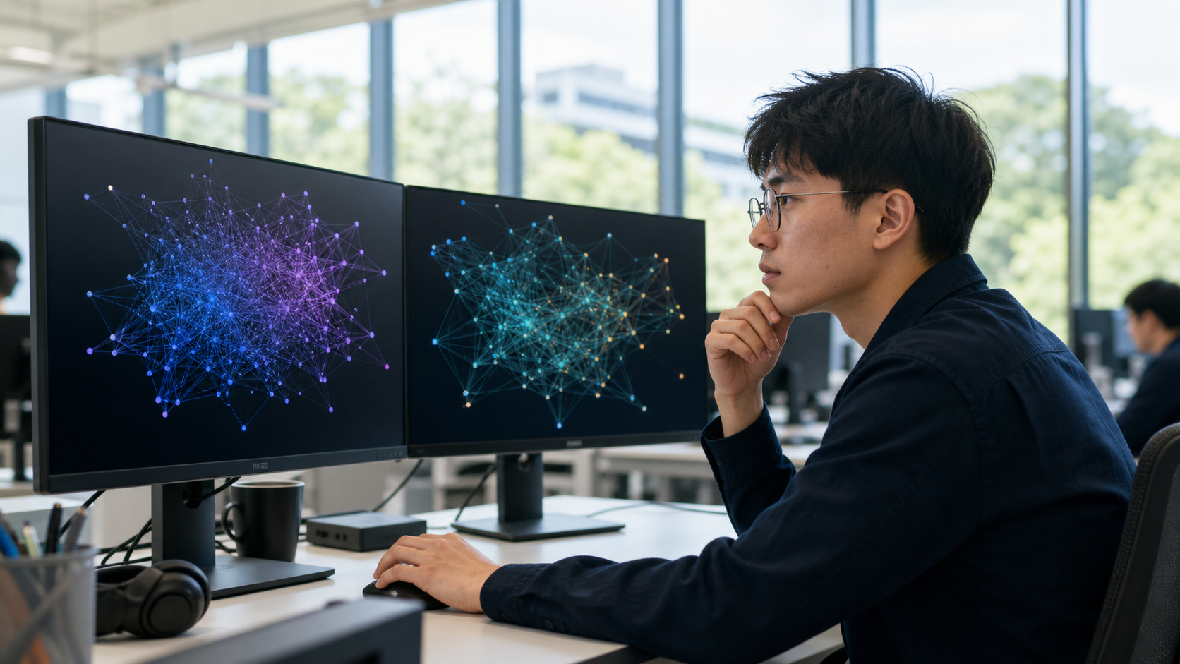 一名研究人員在現代化大學實驗室中分析AI神經網路數據