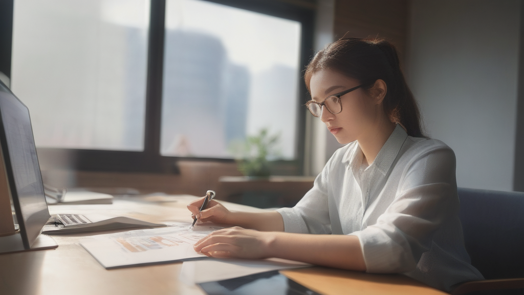 一位女性行銷專員在現代辦公室中看著雙螢幕進行數據分析與創意設計
