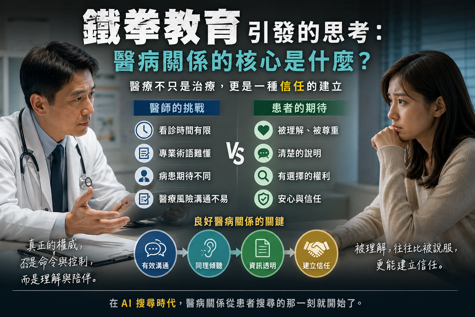 醫師與病患及家屬在診間看著平板進行溝通