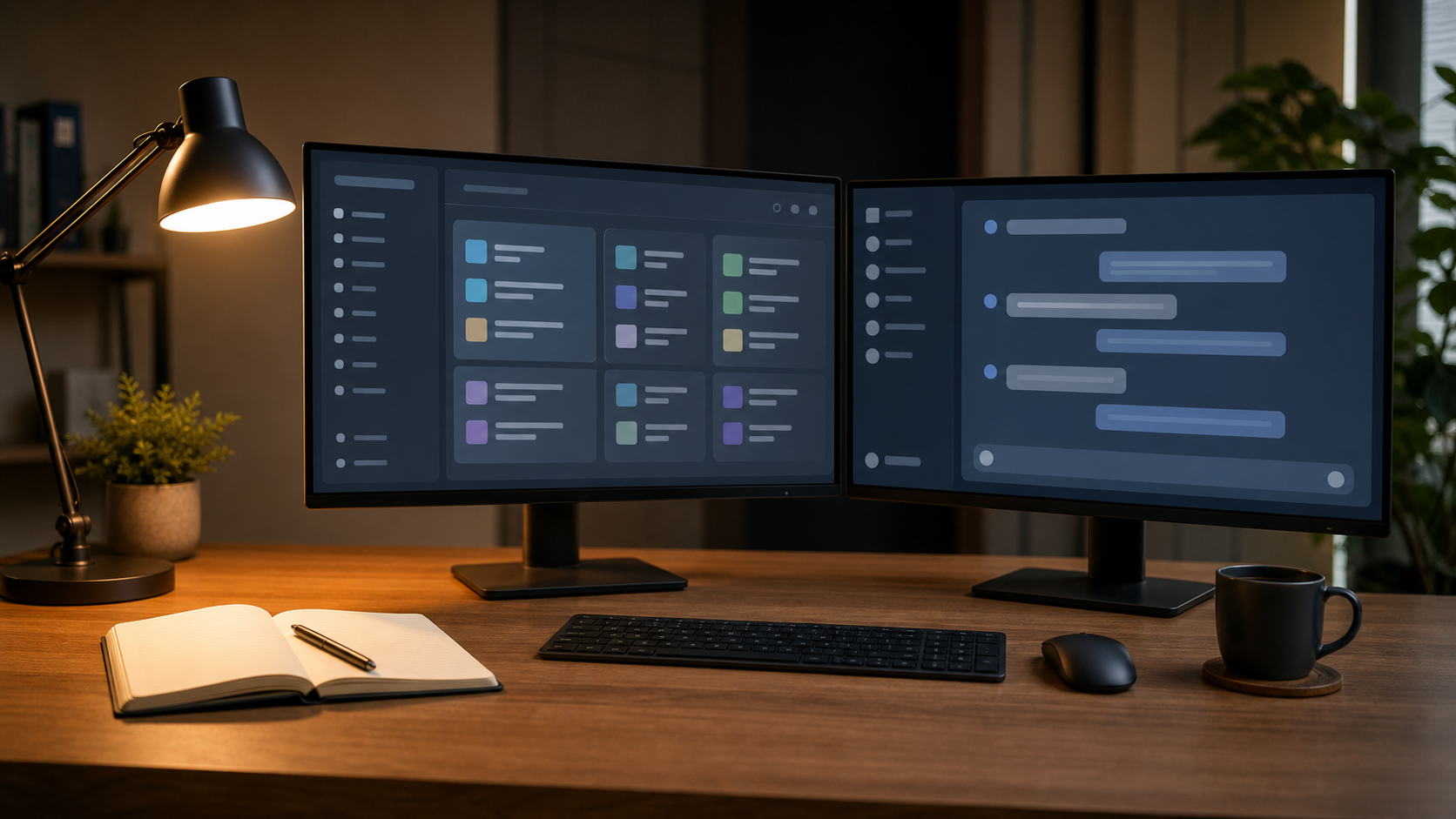 一個整潔現代的數位工作區，雙螢幕顯示著 AI 對話視窗與精心整理的 Notion 提示詞庫筆記。