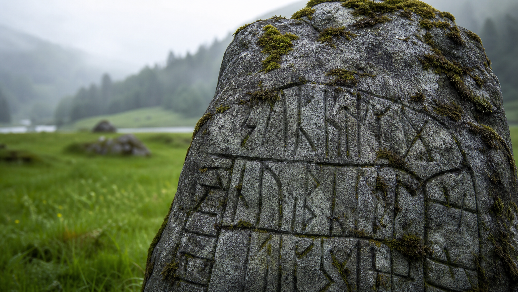 挪威草地上刻有如尼字母的古代維京石碑