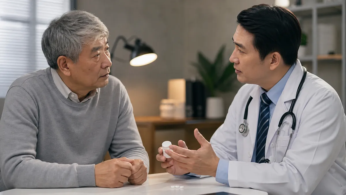 高齡患者在診所內與醫師討論心血管藥物的使用與換藥事宜
