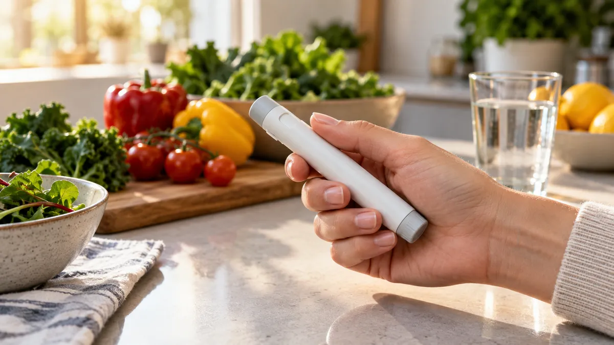 患者手持減重注射筆，背景為健康的蔬菜與水