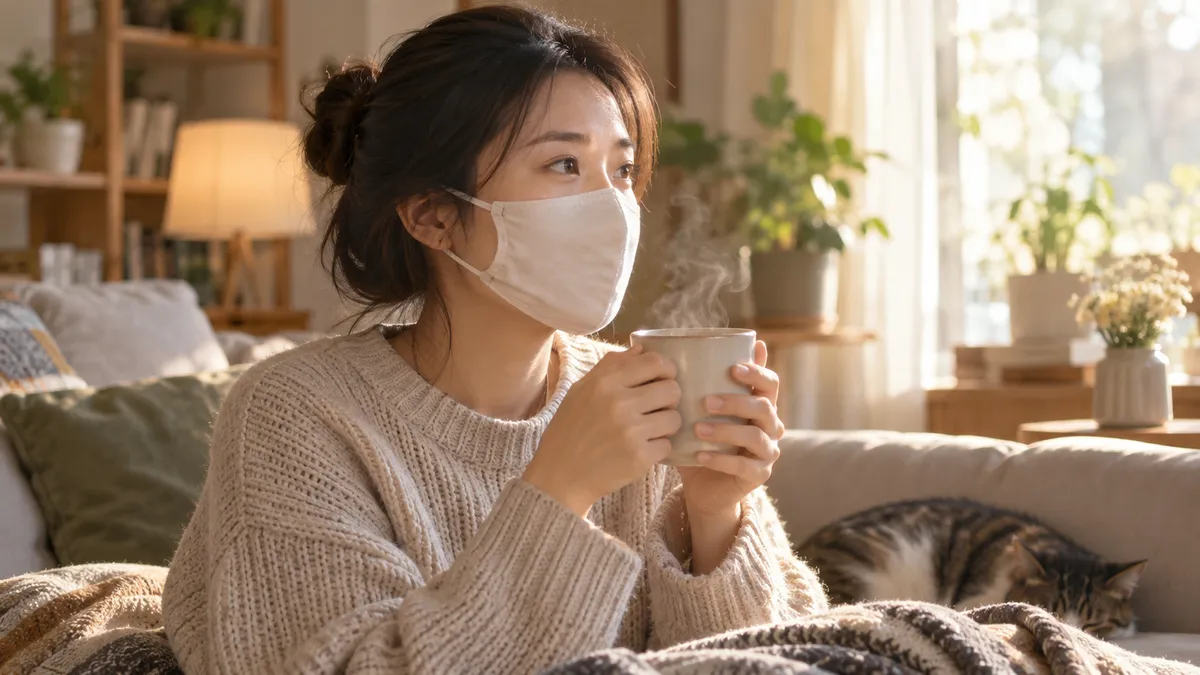感冒後休養的女性手握溫水並配戴口罩保護呼吸道
