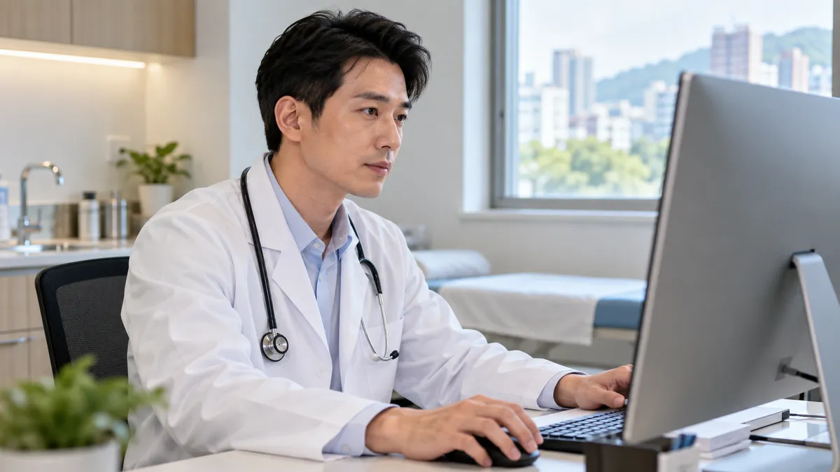 基層診所醫師在明亮的診間使用現代化雲端醫療系統看診